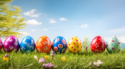 Fototapeta na wymiar Multicolored Easter eggs lined up in a row on the background of grass. Row of Easter eggs in Fresh Green Grass,Colorful Easter eggs on a lush lawn under a clear sky. Decorated, Generative AI