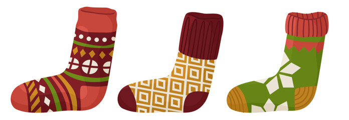 A set of warm, winter, knitted socks. Variegated ornament. Christmas socks on the fireplace. Autumn mood. Vector illustration isolated on white background.