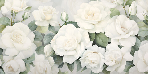 Watercolor background with white roses flowers