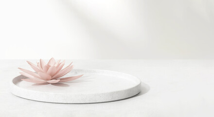 Modern round white concrete plate shape podium on table counter with pink flower in sunlight for luxury organic cosmetic, skincare, beauty, body, hair care, food, drink product display background 3D