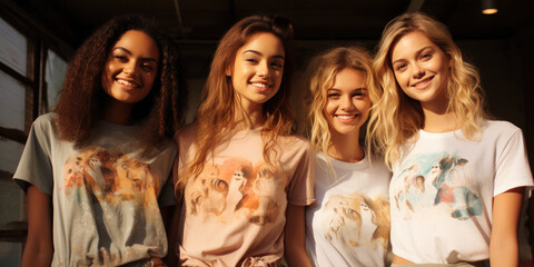 a group of young smiling girls standing next to each other in their fashion t-shirts