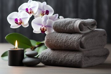 Obraz na płótnie Canvas Spa setting with fluffy grey rolled up towels, candles and white orchid flower on the wooden table