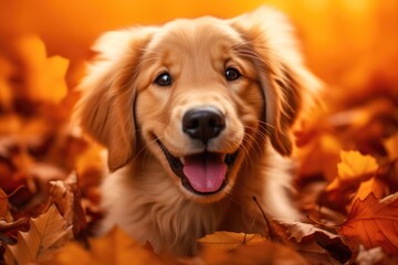 Golden retriever puppy joyfully playing amidst autumn leaves on a vibrant orange background.
