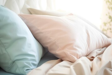 There are soft pastel-colored pillows on the bed. Pillows for sleeping.