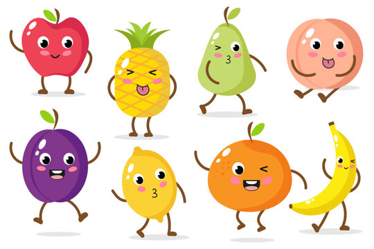 Cute cartoon apple, pineapple, pear, peach, plum, lemon, orange, banana. Set of cartoon fruit characters with emotions. Funny emoticon in flat style with kawaii eyes on white background