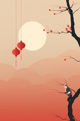 Chinese New Year. Tranquil scene with hanging lanterns and a barren tree
