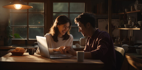 Happy Couple Man Woman Using Laptop Computer