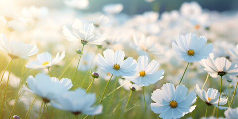 Closeup view of beautiful white meadowfoam field, White cosmos flowers blooming, White blooming cosmos flower in garden,field of daisies
generative AI