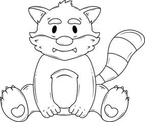 Black and white line art of a cute cartoon cat with stripes on its tail
