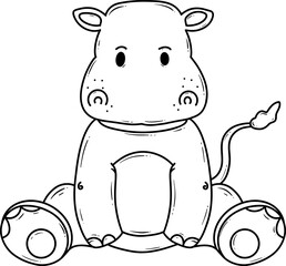 Black and white line art of a cute cartoon hippopotamus sitting down