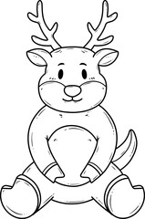 Black and white line art of a cute cartoon reindeer sitting down
