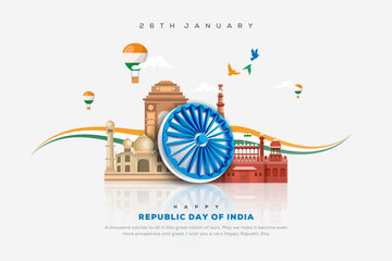 Vector illustration of Famous Indian monuments for 26th January Happy Republic Day of India - obrazy, fototapety, plakaty