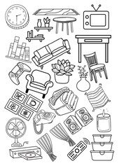 Doodle coloring page of living room stuff