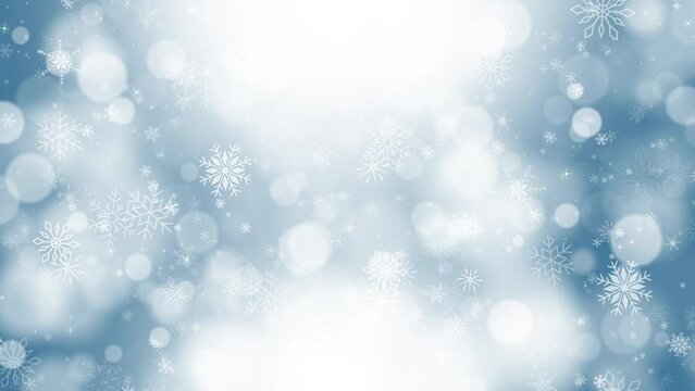 Blue winter background with beautiful falling white various snowflakes and circle bokeh. Loop holiday animation. Place for text invitation. Copy space.