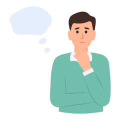 Man with curious or pensive face standing with thought bubble. Concept of thinking, decision, business problem solving, considered gesture. Flat vector illustration.