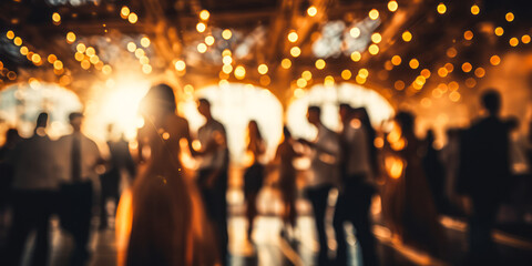Blurred figures of people dancing in a hall with glowing bokeh lights, capturing the warm, festive atmosphere of a joyous celebration or elegant event - obrazy, fototapety, plakaty