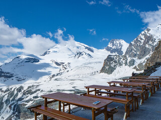 Saas-Fee, Switzerland - June 16th 2023: View from the terrace of Britanniahuette towards wide...