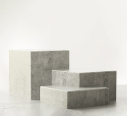 Three modern cuboid polished cement podium, geometric pedestal on gray counter. Luxury cosmetic, skincare, beauty, body, hair care, treatment, fashion product display background 3D