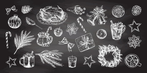 Hand-drawn Christmas set in sketch style isolated on chalkboard background. Festive decoration: wreath, gift, sweets, food, Christmas tree decor, drinks and spices sketches. Ingraved.