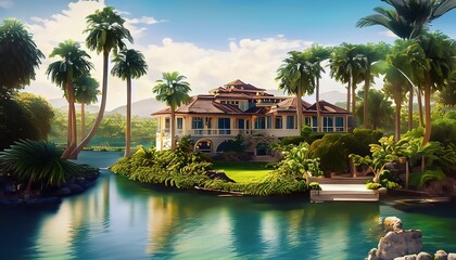 The daytime view showcases palm trees swaying gently, and the mansions backyard embraces the tranquility