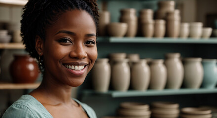 Young african american ceramic store or pottery shop owner standing and looking to camera - obrazy, fototapety, plakaty