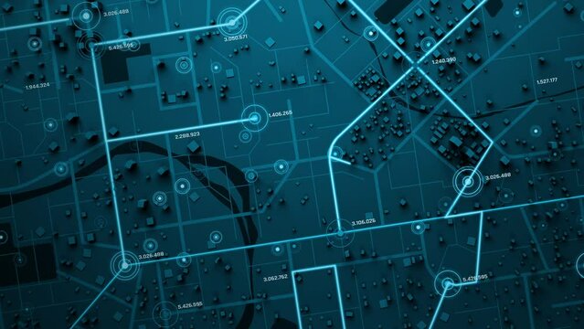 3D Rendering Top view City map with navigator line and destination GPS Technology transportation, Futuristic user interface, HUD Head-up display. Technology and futuristic concept