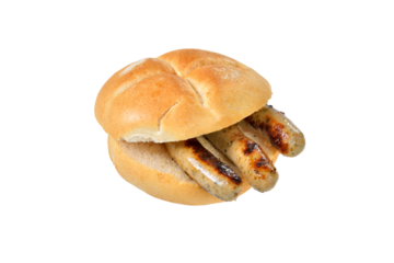 Drei im Weggla , drei gegrillte Nürnberger Rostbratwürstchen  in einer frischen Semmel -Three grilled Nuremberg sausages  served in a fresh roll