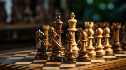 Chess board with wooden chess pieces