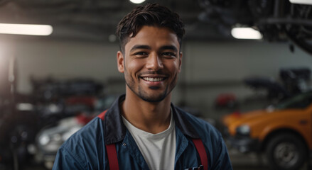 Fototapeta premium Young happy, smiling Professional car mechanic in auto repair service standing and looking to camera copy space