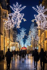 rue commerçante illuminée et décorée à l'occasion des fêtes de noël de fin d'année - obrazy, fototapety, plakaty