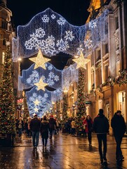 rue commerçante illuminée et décorée à l'occasion des fêtes de noël de fin d'année - obrazy, fototapety, plakaty