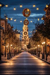 rue commerçante illuminée et décorée à l'occasion des fêtes de noël de fin d'année