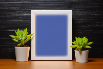 Empty wooden frame mockup with light blue copyspace. Dark background