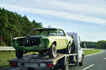 Recover a Retro Car After an Accident. A Project to Restore a Classic Car with the Help of a Tow...