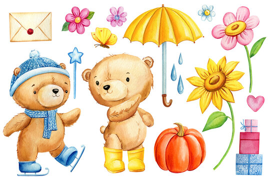 Teddy bear set elements on isolated white background. Watercolor illustration, cute baby bear, clipart