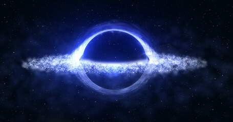 Obraz premium Bright black hole in open space with spinning energy particles, cosmic sphere in blue and purple color glowing abstract background