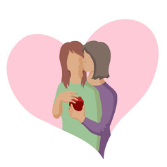 women are in love, woman stands kissing her girlfriend or wife on the cheek while giving a red gift box. a woman in love gives a gift to her lover