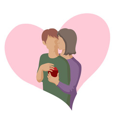 man and woman, the woman stands kissing the man on the cheek while giving a red gift box. woman in love gives a gift to her lover man