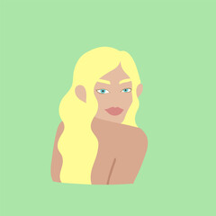 beautiful female portrait in flat style. a blonde woman with blue eyes without clothes stands with her back turned to the viewer