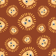 Lion seamless pattern. Cute animal face digital paper. Lion head pattern in cartoon flat style.
