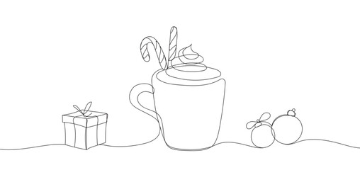 Christmas line drawing of a cup cocoa with Christmas candy cone, gift box and New Year's balls. Continuous line Merry Christmas banner, minimalist style. Winter outline cocoa mug in silhouette.
