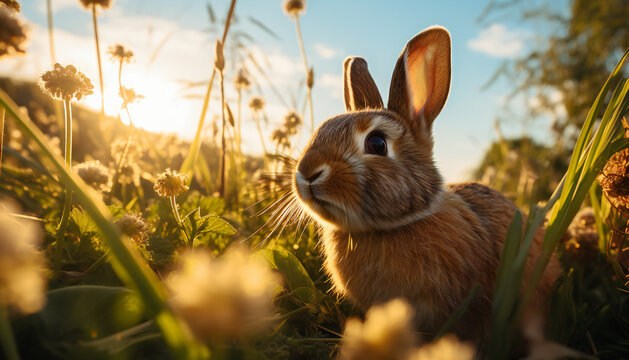 Recreation of a rabbit staring in the field at sunset