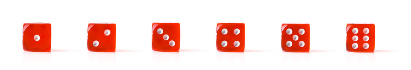 Set of red dice showing all faces isolated white