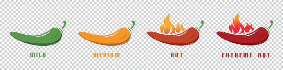 Chili Mild, Medium, Hot, Extreme Hot With Flame - Colorful Vector Illustration Isolated On Transparent Background