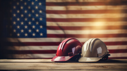 Two hard hats and American flag on background. Happy Labor day concept - obrazy, fototapety, plakaty