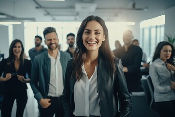 Obraz premium Portrait of a woman and colleagues positive employees in a suit smiling looking at the camera