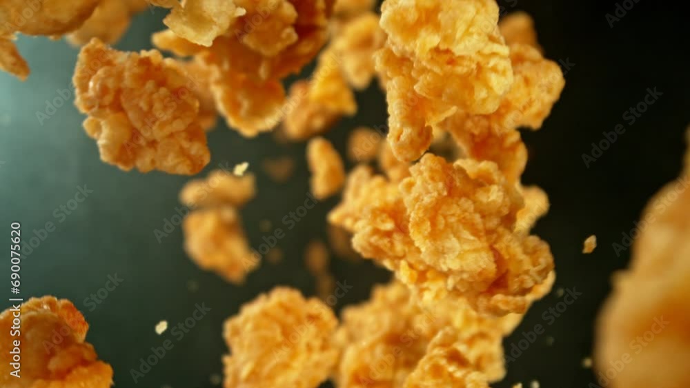 Aufkleber super slow motion of flying fried chicken piecers on black background. camera makes rotation move. f