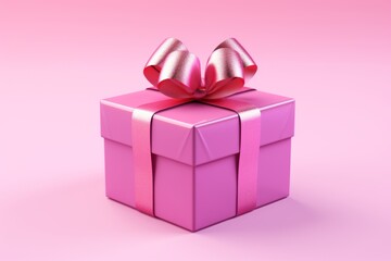 A picture of a pink gift box with a ribbon and bow on a pink background