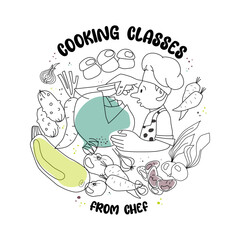 Cooking classes logo with chef cutting vegetables. Food lessons template vector illustration.