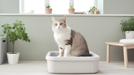The cat goes to the toilet in a tray with filler. Animals and hygiene. - obrazy, fototapety, plakaty